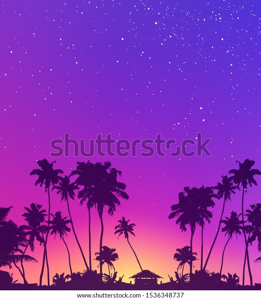 紫色の星空とヤシの木の暗いシルエットベクター画像熱帯の夕日の背景 のベクター画像素材 ロイヤリティフリー