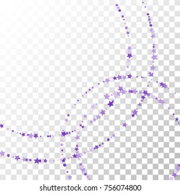 Violet Stars Confetti Lines on Transparent Background. Invitation Background. Banner, Greeting Card, Christmas and New Year card, Postcard, Packaging, Textile Print. Beautiful Starry Sky