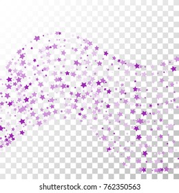 Violet Stars Confetti Lines on Transparent Background. Invitation Background. Banner, Greeting Card, Christmas and New Year card, Postcard, Packaging, Textile Print. Beautiful Starry Sky