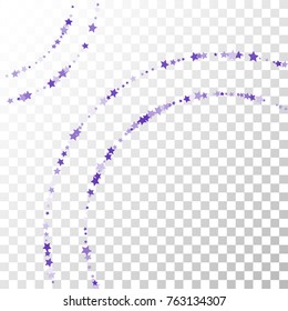 Violet Stars Confetti Lines on Transparent Background. Invitation Background. Banner, Greeting Card, Christmas and New Year card, Postcard, Packaging, Textile Print. Beautiful Starry Sky