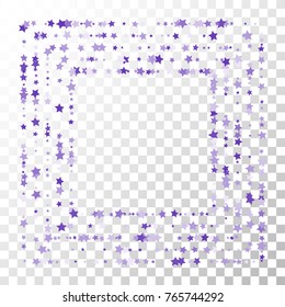 Violet Stars Confetti Lines on Transparent Background. Invitation Background. Banner, Greeting Card, Christmas and New Year card, Postcard, Packaging, Textile Print. Beautiful Starry Sky
