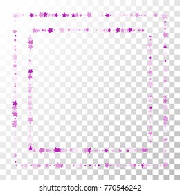 Violet Stars Confetti Lines on Transparent Background. Invitation Background. Banner, Greeting Card, Christmas and New Year card, Postcard, Packaging, Textile Print. Beautiful Starry Sky