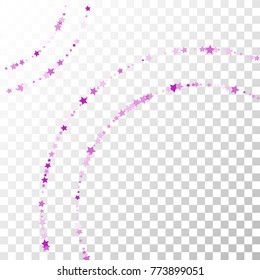 Violet Stars Confetti Lines on Transparent Background. Invitation Background. Banner, Greeting Card, Christmas and New Year card, Postcard, Packaging, Textile Print. Beautiful Starry Sky