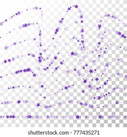 Violet Stars Confetti Lines on Transparent Background. Invitation Background. Banner, Greeting Card, Christmas and New Year card, Postcard, Packaging, Textile Print. Beautiful Starry Sky