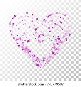 Violet Stars Confetti Lines on Transparent Background. Invitation Background. Banner, Greeting Card, Christmas and New Year card, Postcard, Packaging, Textile Print. Beautiful Starry Sky