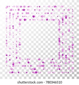 Violet Stars Confetti Lines on Transparent Background. Invitation Background. Banner, Greeting Card, Christmas and New Year card, Postcard, Packaging, Textile Print. Beautiful Starry Sky