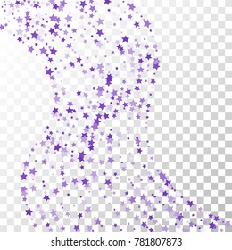 Violet Stars Confetti Lines on Transparent Background. Invitation Background. Banner, Greeting Card, Christmas and New Year card, Postcard, Packaging, Textile Print. Beautiful Starry Sky