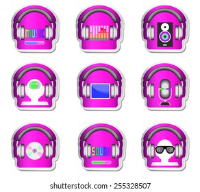 Violet stickers headphone with gadget on white background. Set 2. Tablet, disc, microphone, glass, load, musical column.