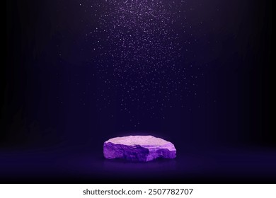 Violet stone podium background. Blue rock stand product display. Abstract empty award marble pedestal with confetti sparkle rain falling from above. Modern minimal cosmetic luxury realistic vector.