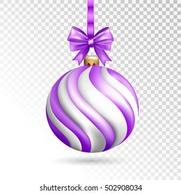 Violet striped ball with bow isolated on transparent background. Holiday christmas toy for fir tree.  Vector illustration.