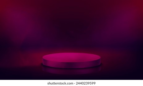 Violet studio with glowing projectors, podium and smoke. 3d vector illustration