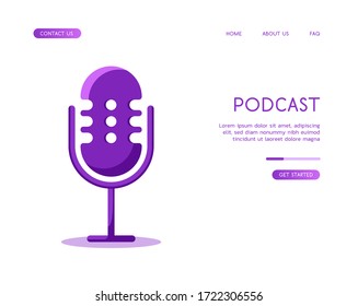 Violet studio professional microphone on a white background. A microphone for recording voice or music for radio or live broadcasting. Vector flat illustration in violet color. 