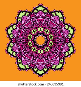 Violet stylized mandala over bright orange background. Vintage looking indian asian round pattern design.