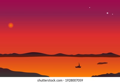 Violet sunset in ocean, nature landscape background, orange sky to shining the moon above sea withcliffs and rocks of water surface. Cartoon vector illustration, sunrise, morning and evening concept