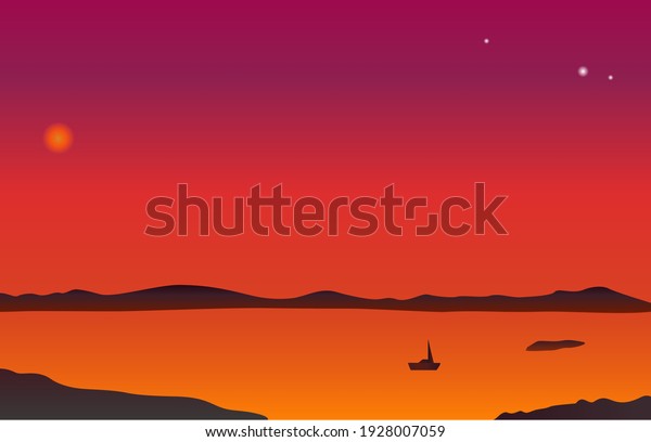 Violet sunset in ocean, nature landscape\
background, orange sky to shining the moon above sea withcliffs and\
rocks of water surface. Cartoon vector illustration, sunrise,\
morning and evening\
concept