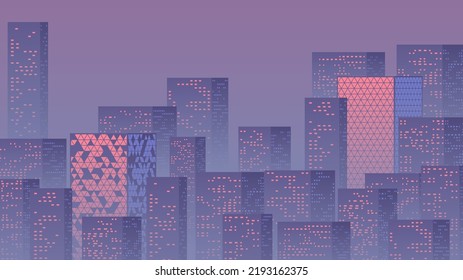 Violet sunset over the business city with skyscrapers. Purple highrise cityscape background in 80s style with sun reflections in the windows