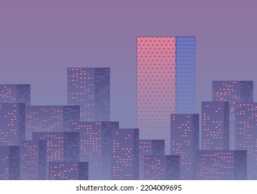 Violet sunset over the business city with skyscrapers. Purple highrise cityscape background in 80s style with sun reflections in the windows