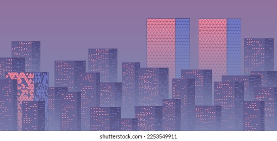 Violet sunset over the business city with skyscrapers. Purple highrise cityscape background in 80s style with sun reflections in the windows