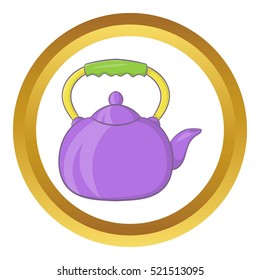 Violet teapot vector icon in golden circle, cartoon style isolated on white background