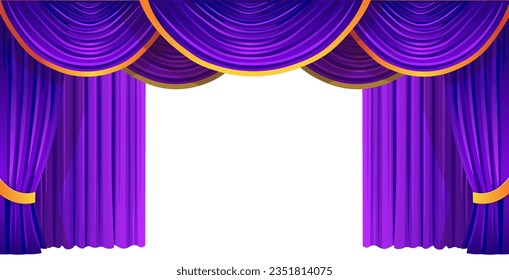 Violet theater curtains. Colored curtains with lambrequin. Vector.