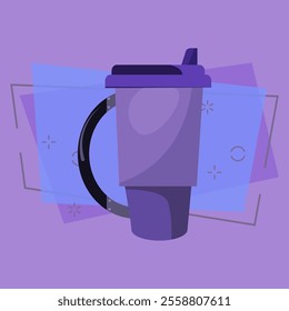 Violet thermal mug with lid and handle. Hot or cold takeaway drink in portable cup. Takeaway cups concept. Vector illustration can be used for topics like beverage, hiking, travel