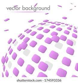 Violet tiles flying from abstract globe. Vector background. Technology concept.