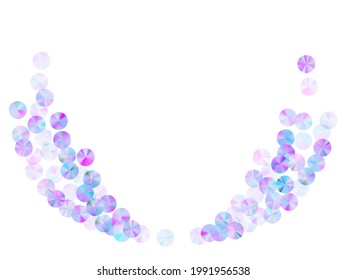 Violet tinsels confetti scatter vector composition. Glamour shining bead elements party decor top view. Christmas confetti placer glossy texture.