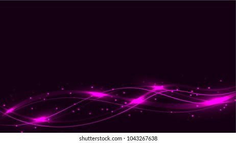 Violet transparent abstract shiny magical cosmic magical energy lines, rays with highlights and dots and light shines on waves on a purple background from below. Vector illustration.