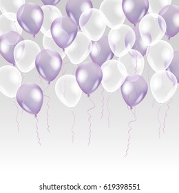 Violet transparent balloon on background. Frosted party balloons for event design. Balloons isolated in the air. Party decorations for birthday, anniversary, celebration. Shine transparent balloon.