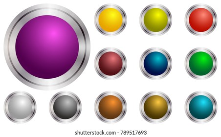 Violet transparent play button with shadow. Set of vector icon. Set round color buttons. Silver bezel.