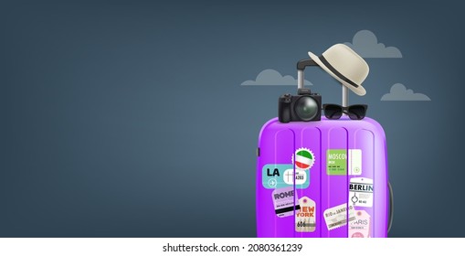 Violet travel bag. Horizontal vector banner with copy space