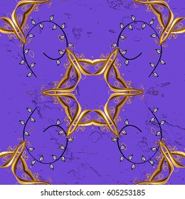 Violet tree with gold trim. Seamless element woodcarving. Patina. Small depth of field. Carving. Furniture in classic style. Luxury furniture. Pattern on violet background with golden elements.
