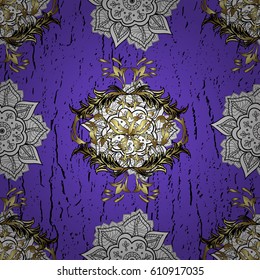 Violet tree with gold trim. Small depth of field. Luxury furniture. Furniture in classic style. Seamless element woodcarving. Patina. Pattern on violet background with golden elements. Carving.