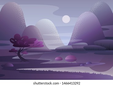 Violet tree growing on shore of bubbling lake against hills and evening sky with moon. Japanese style landscape vector illustration.