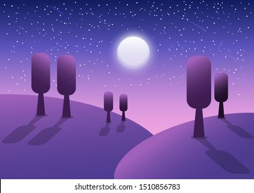 Violet trees on a mountain view in purple night sky starry and moon night backdrop. The best and simple landscape vector illustration of moon and stars on the midnight sky. 