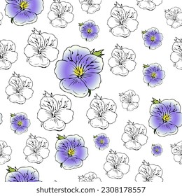 Tricolore violet, illustration botanique harmonieuse, contours noirs et couleurs sur fond blanc, éléments de design dessinés à la main. Illustration vectorielle.