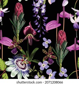 Violet tropical flower seamless pattern, buds and leaves on black background. Blooming floral for wallpaper, greeting card, web design, voucher, brochures and banners design. 