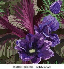 Flores tropicales violetas patrón sin fisuras, brotes y hojas tropicales sobre fondo negro. Floreciente floral para papel de pared, tarjeta de saludo, diseño web, cupón, folletos y banners de diseño. 