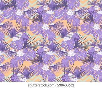 Violet tropical leaves and white flowers on coral background. Zigzag background. Exotic seamless pattern. Vector botanical print.