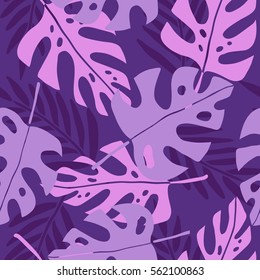 Violet tropical seamless pattern. Palm leaves, branches. Vector hand drawn illustration