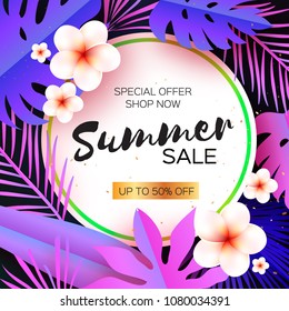 Violet Tropical Summer Sale.Palm leaves, plants, flowers frangipani - Plumeria. Exotic Paper cut art. Hawaiian. Circle frame. Text. Origami Monstera jungle background. Special offer. Poster, Flyer.