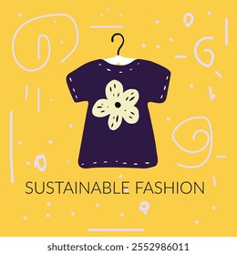 T-shirt violeta com impressão de flor no fundo amarelo. Mão desenhado arte vetorial sobre segunda mão, sustentabilidade, reutilização, mercado de pulgas e moda. Cartaz para loja de roupas, banners, loja de doações