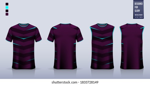 Violet t-shirt mockup, sport shirt template design for soccer jersey, football kit. Tank top for basketball jersey, running singlet. Fabric pattern for sport uniform in front view back view. Vector.