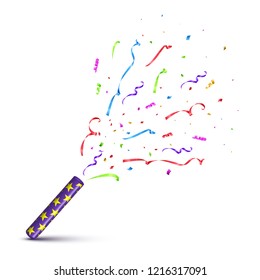 Violet tube with exploding serpentine isolated on white background. Vector holiday design element