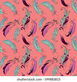 Violet and turquoise colored feathers seamless pattern. Vector illustration on pink background