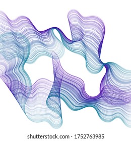 Ilustración de fondo vectorial de líneas de curva de ondas turquesa violeta. Patrón de líneas onduladas de tecnología fresca. Diseño gráfico de curvas.