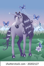 Violet Unicorn with butterflies in a Fairy Land.