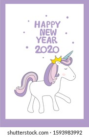 Violet unicorn on New Year card