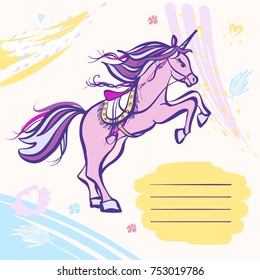 Violet unicorn. Template illustration with open space for text. 