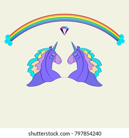 Violet unicorns under the rainbow.